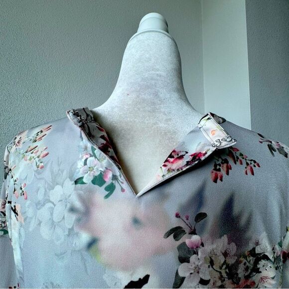 Calvin Klein Y2K Top Floral Ruched Split Neck Stretch Shirt - Picture 12 of 16